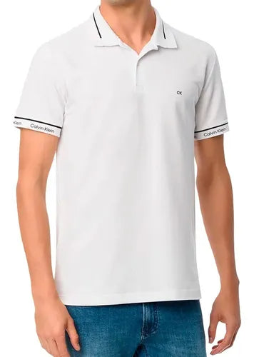 Polo Calvin Klein Slim Retilinea Ck Manga Branca